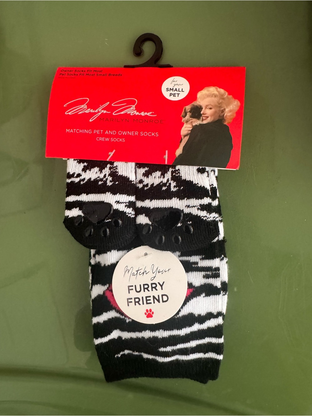 Marilyn Monroe Black and White Zebra Crew Socks with Pink Paw Accent